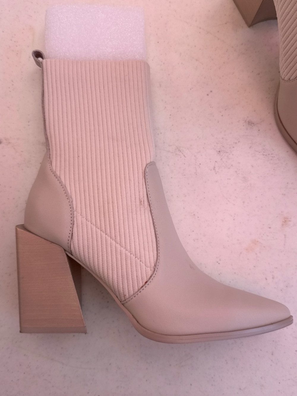 Steve Madden Beige Ribbed Knit Pointed Block Heel Ankle Boots